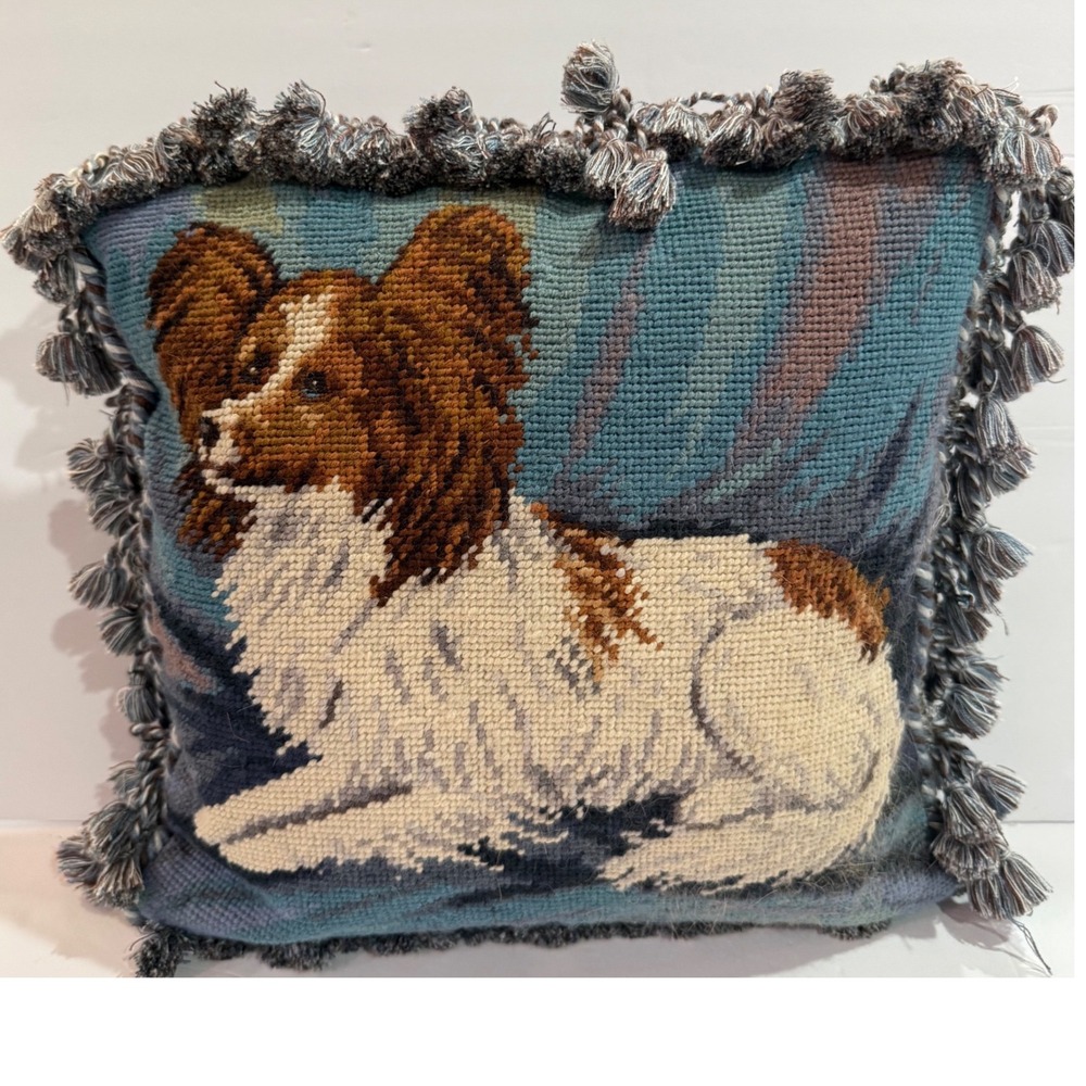 French Aubusson Style Vintage Needlepoint Spaniel Dog Pillow Fringe grandma core
